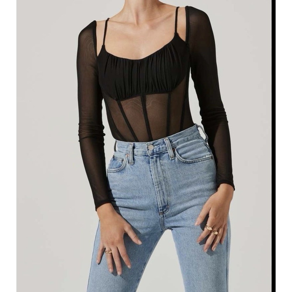 ASTR the Label Black Ribbed Front Corset Vienna Bodysuit S